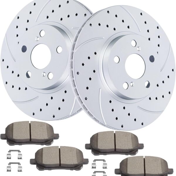 Front Brake Kit Drilled and Slotted Disc Brake Rotors Ceramic Brake Pads Replacement for 2003-2008 Toyota Corolla Matrix Pontiac Vibe
