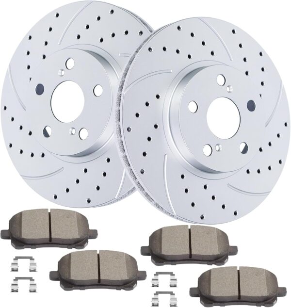 Front Brake Kit Drilled and Slotted Disc Brake Rotors Ceramic Brake Pads Replacement for 2003-2008 Toyota Corolla Matrix Pontiac Vibe - Image 1
